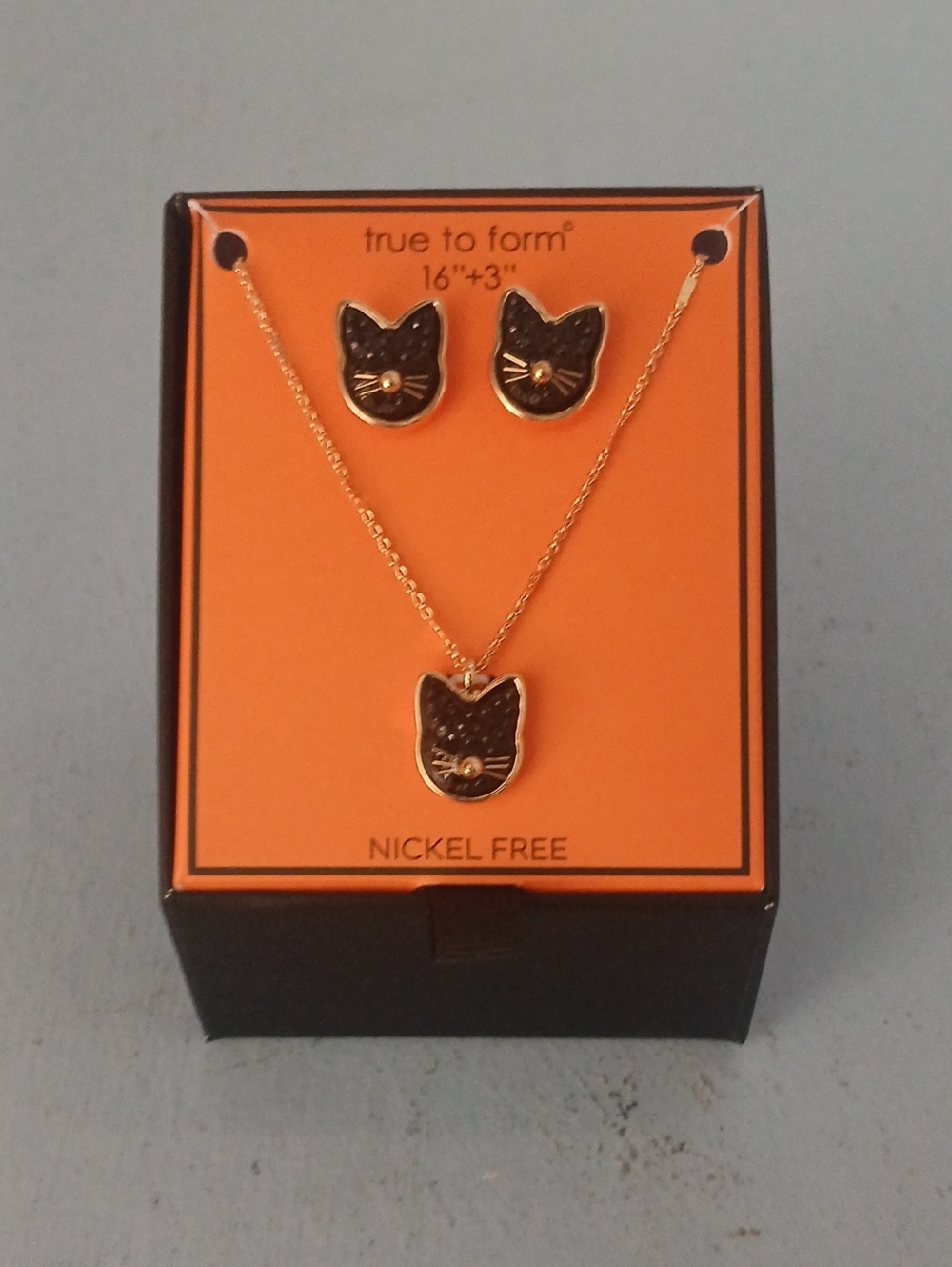Gold & Black Cat Pendant Necklace and Earring Set by True to Form